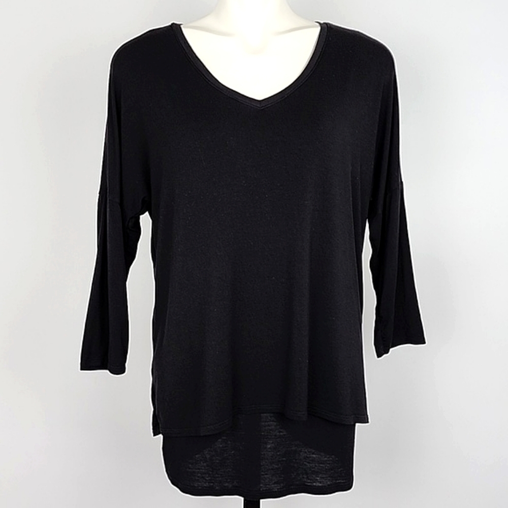 Tribal Women's Black Long Sleeve Dual Layered V Neck Top Long Line Stretch Sz M